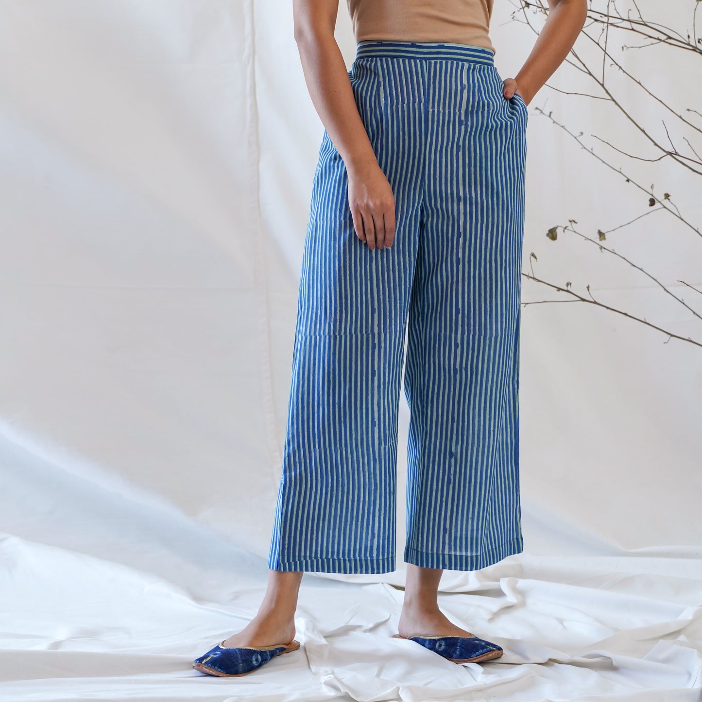 women's cotton pants in blue stripped handblock print
