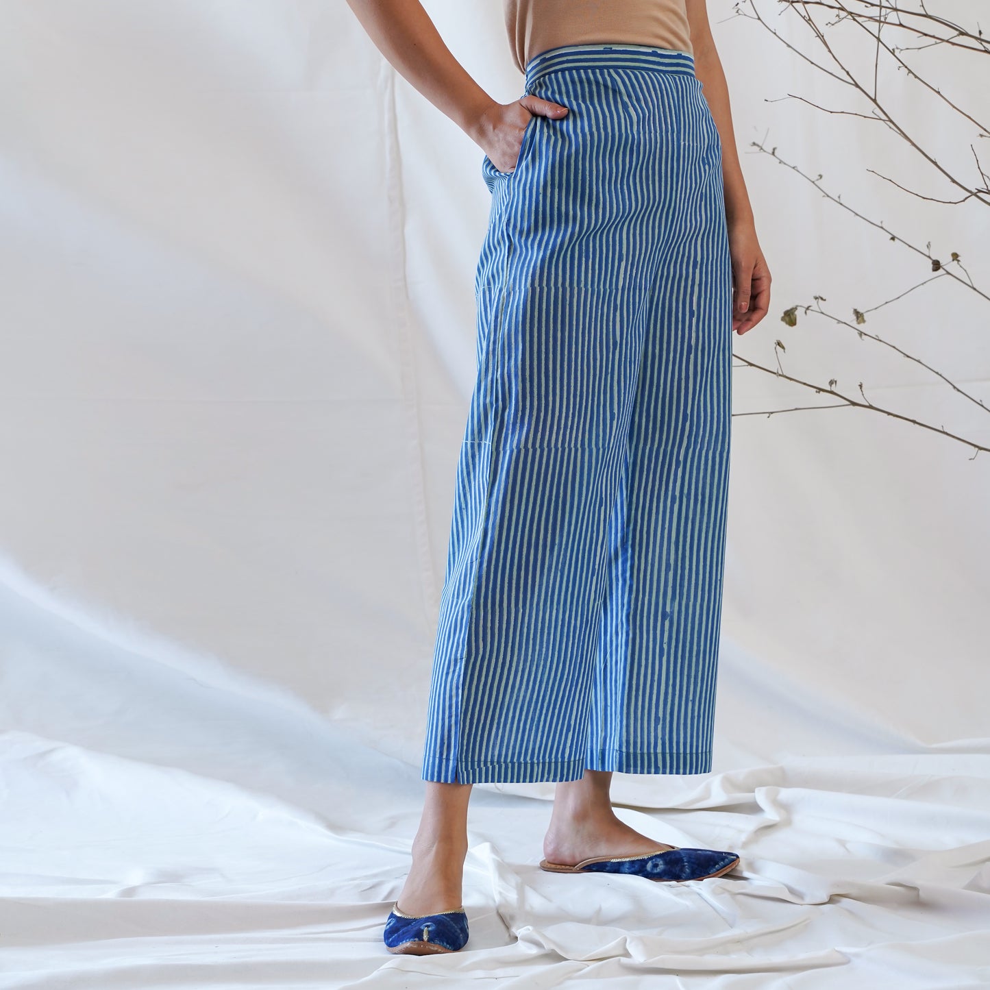women's cotton pants in blue stripped handblock print