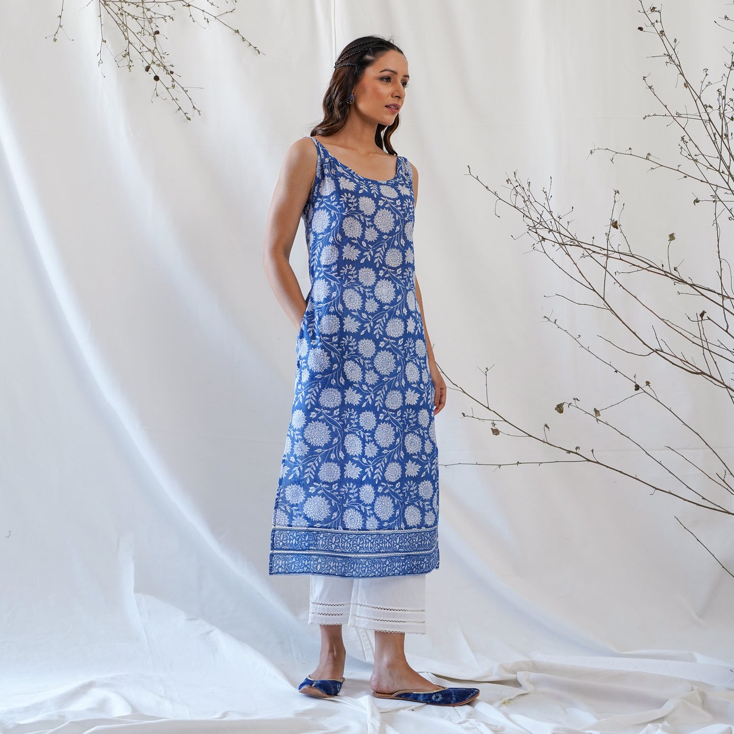 women's cotton spaghetti strap long kurta in blue and white handblock print