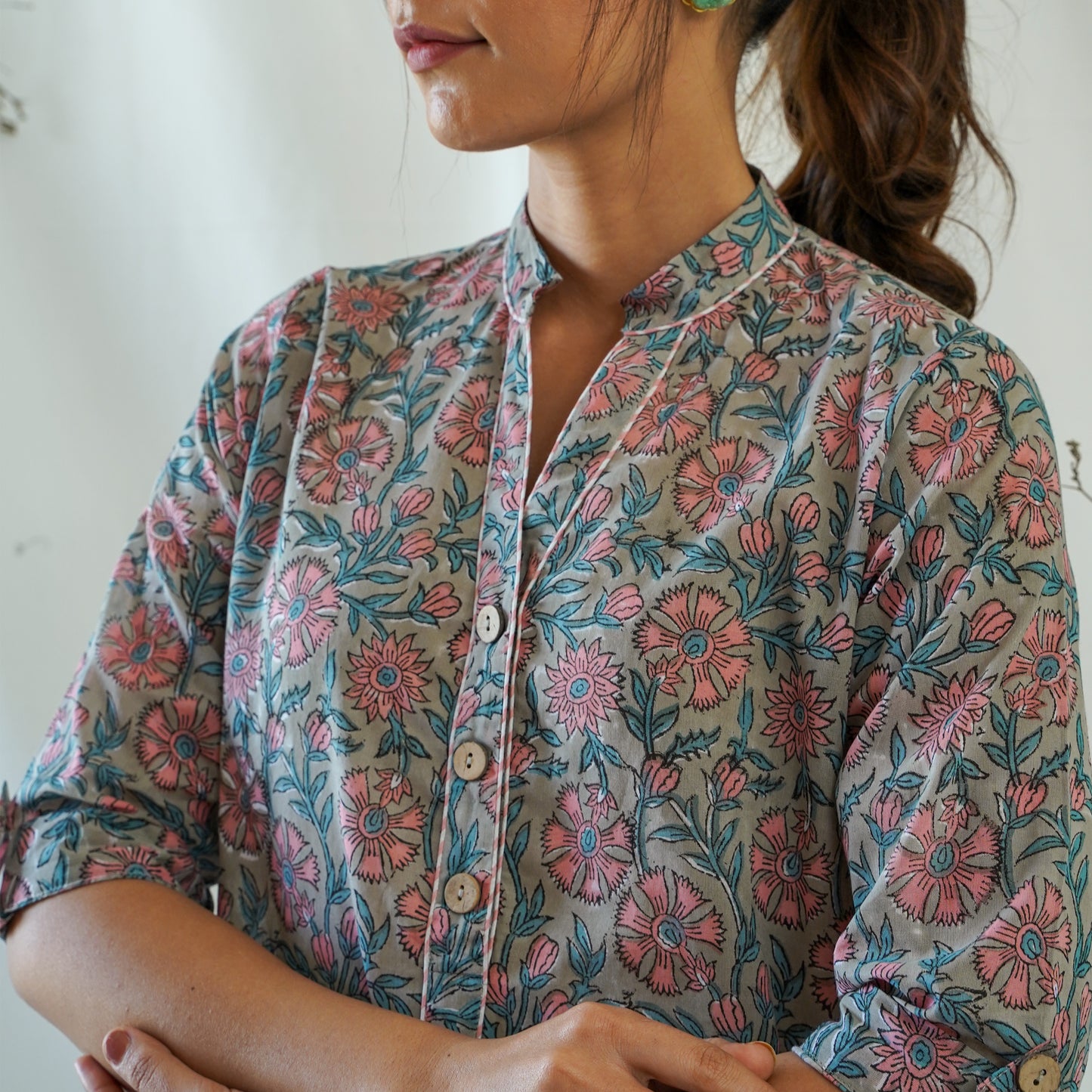 women's cotton casual dress in grey and pink handblock print