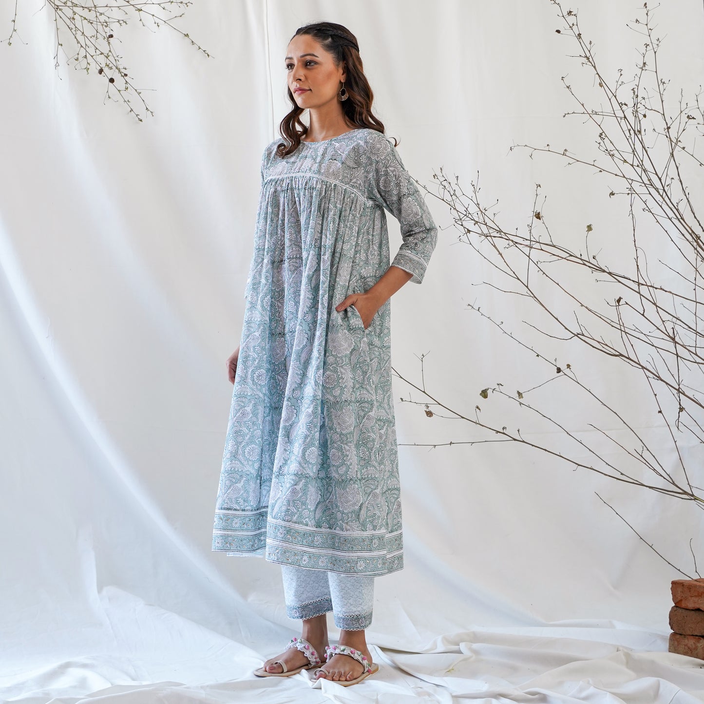 women's cotton anarkali in light-green handblock print