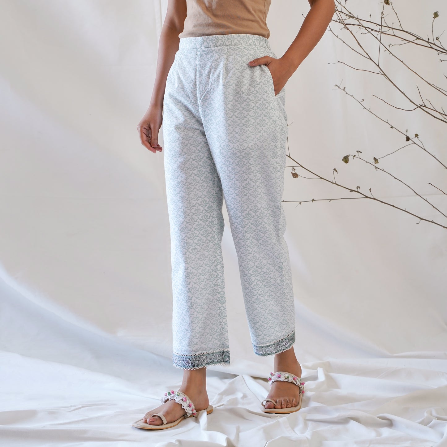 women's cotton straight pants in light green handblock print