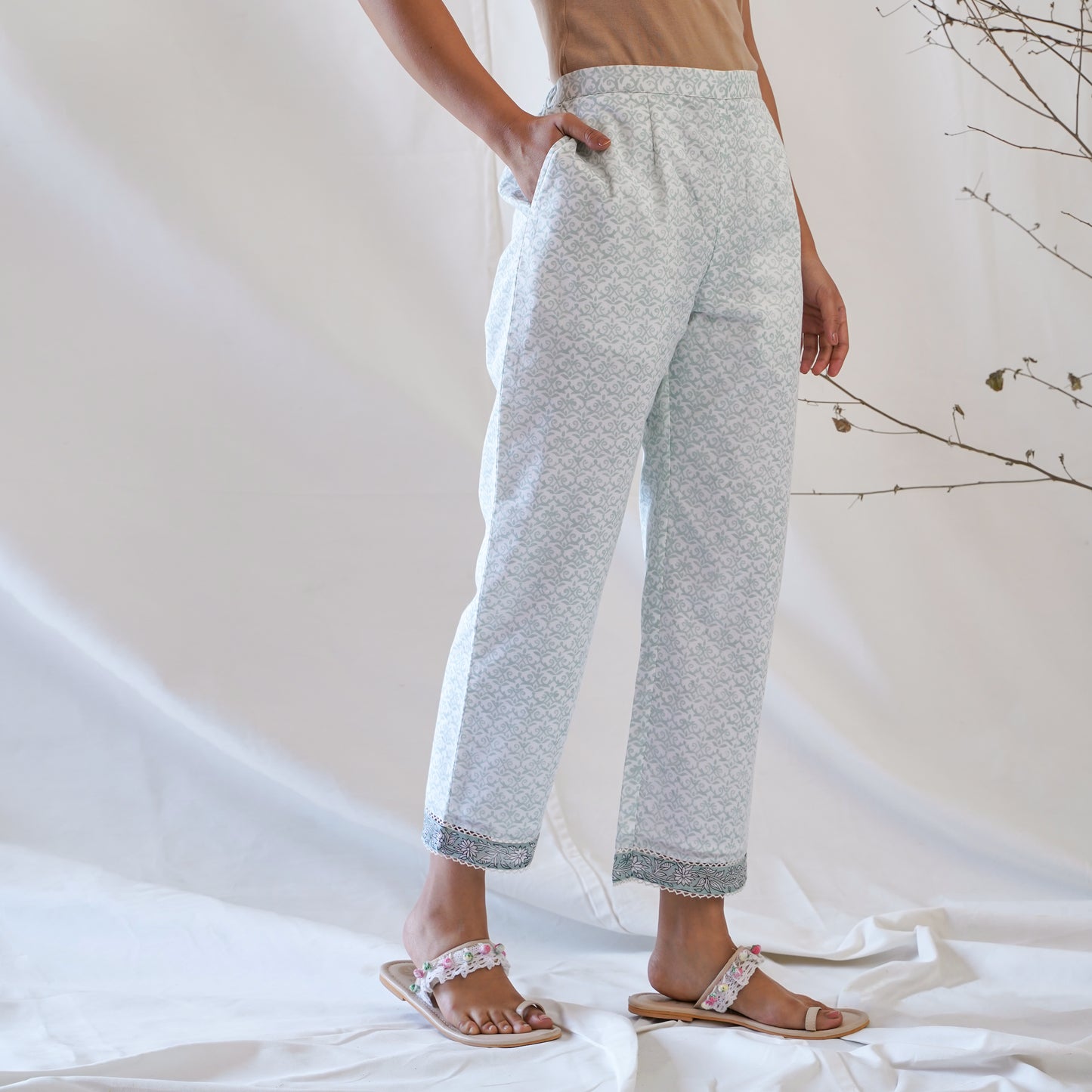 women's cotton straight pants in light green handblock print