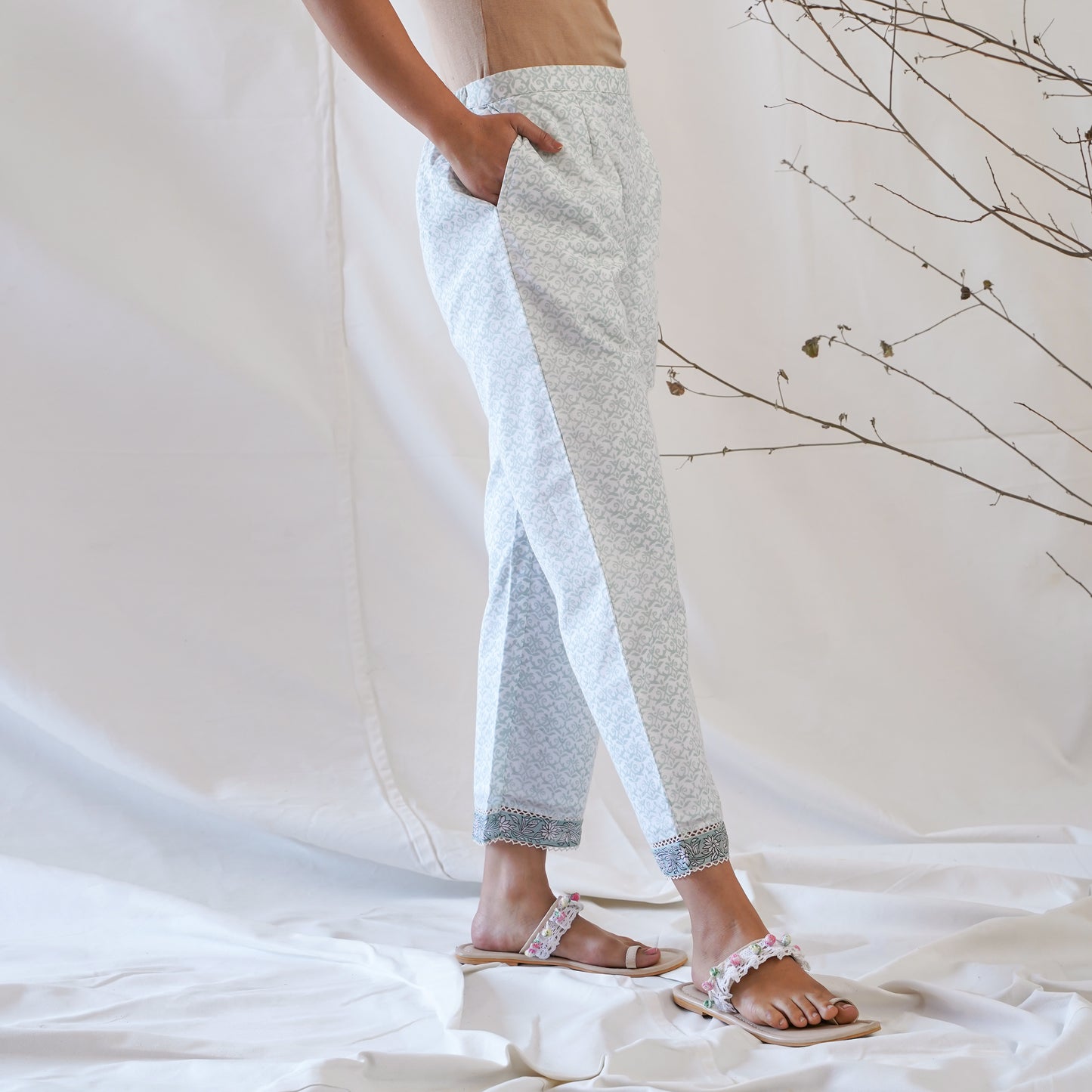 women's cotton straight pants in light green handblock print