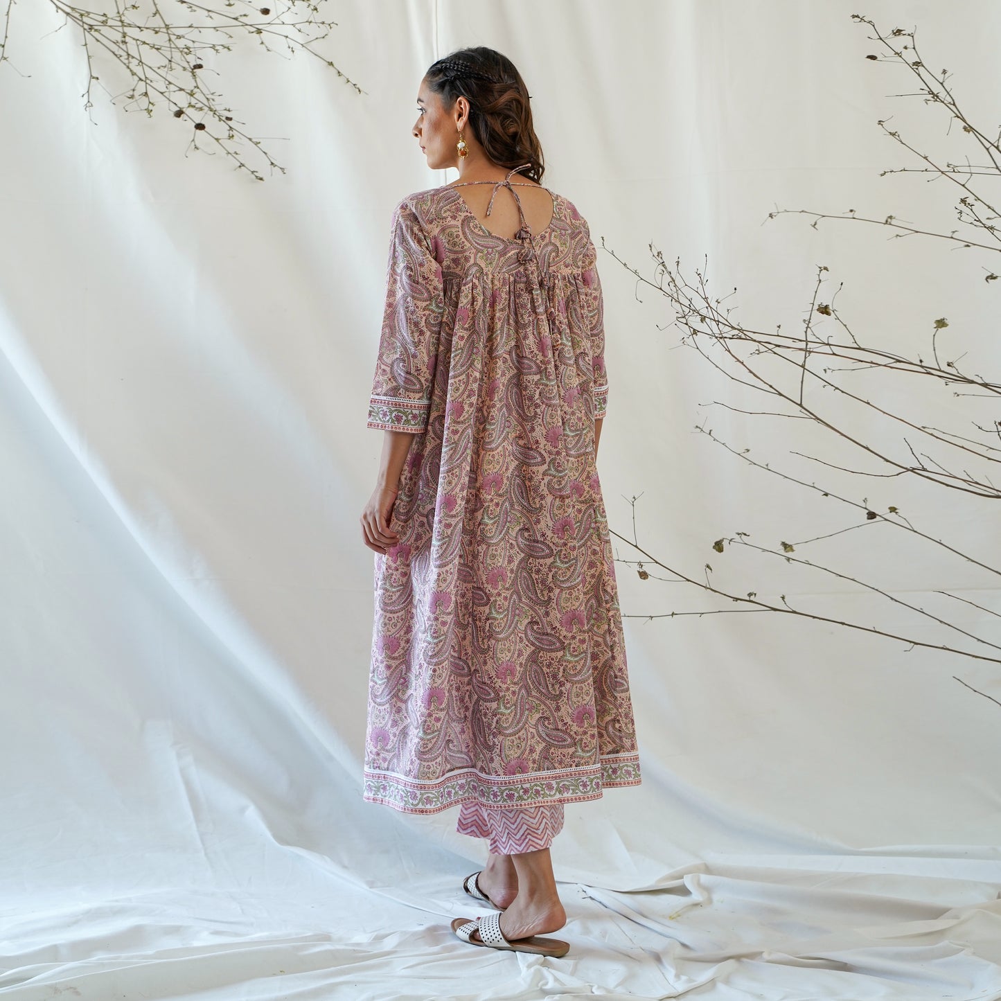 women's cotton anarkali in peach handblock print