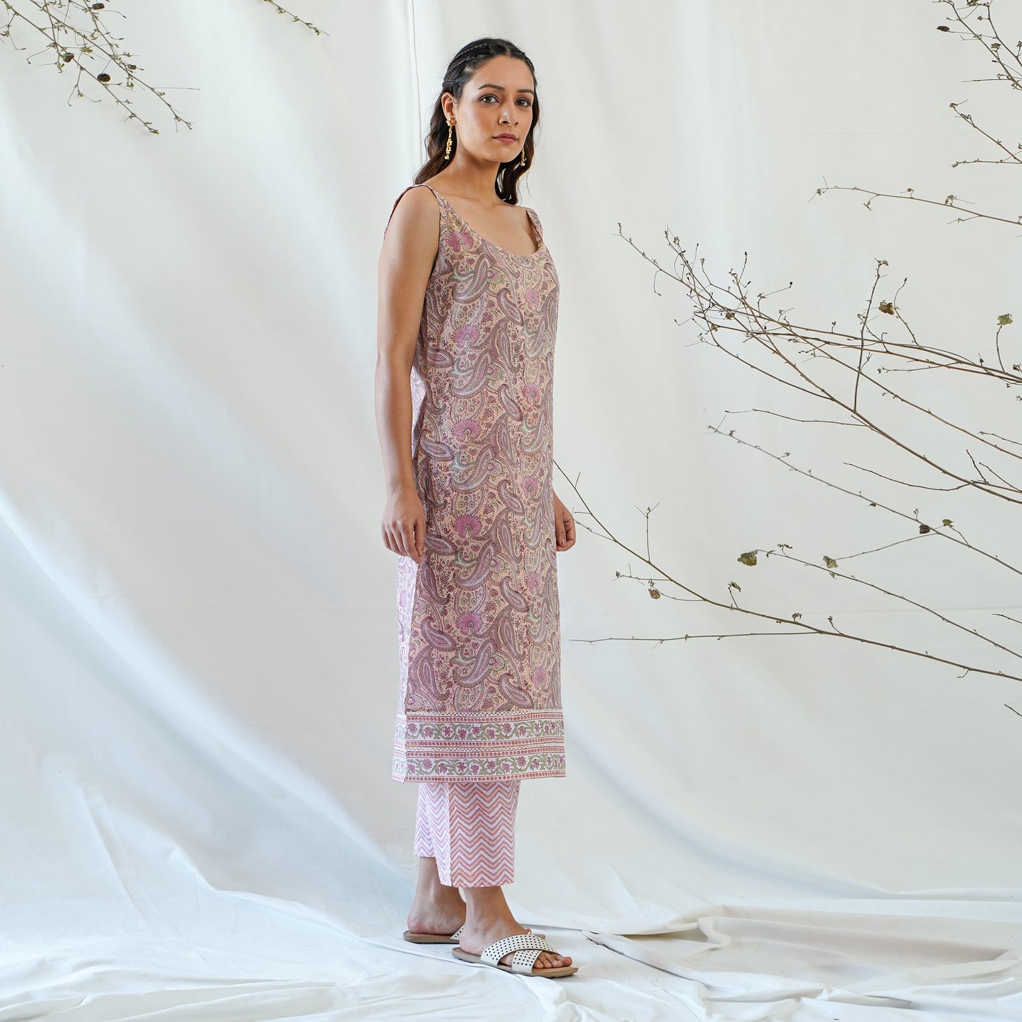 women's cotton spaghetti strap long kurta in peach handblock print
