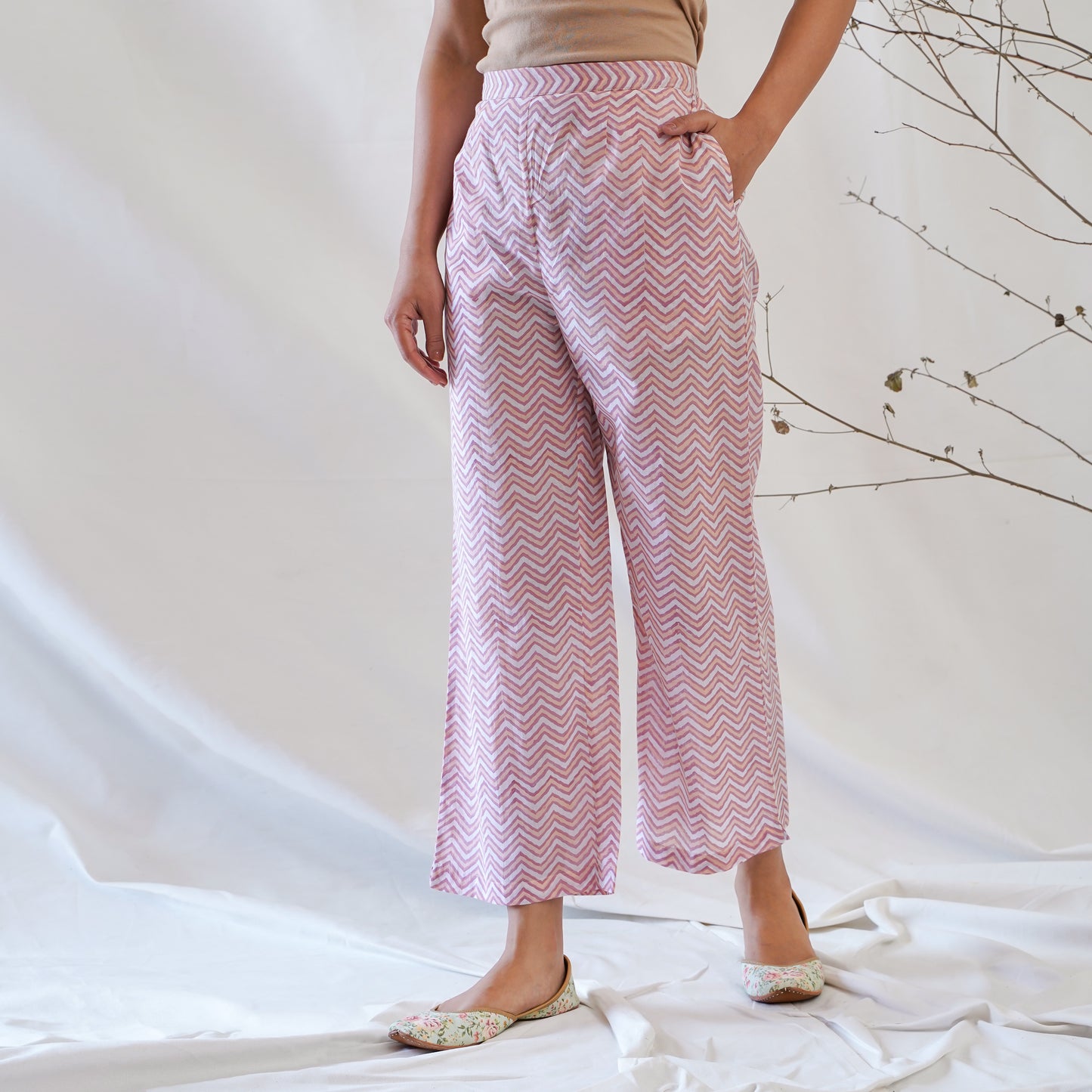 women's cotton pants in pink and white handblock print