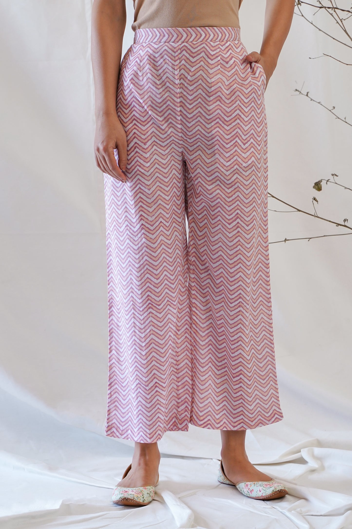 women's cotton pants in pink and white handblock print
