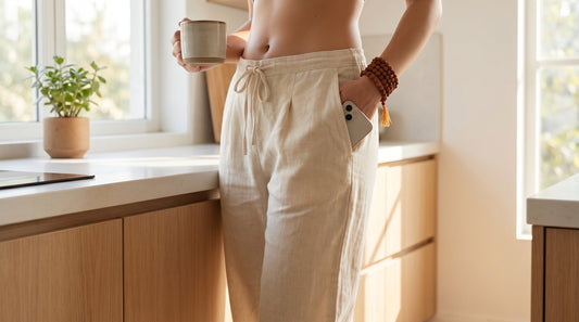 Woman wearing cotton yoga pants with deep pockets in a bright morning kitchen, comfortable everyday athleisure for busy moms