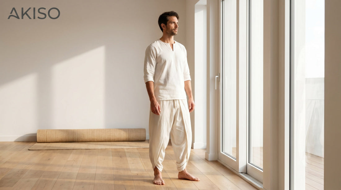 Man wearing non-toxic yoga pants in chemical-free cotton yoga clothes by AKISO"