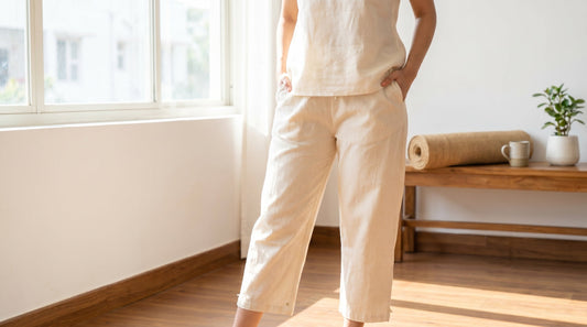 Woman in cotton yoga pants with pockets practicing in a bright studio
