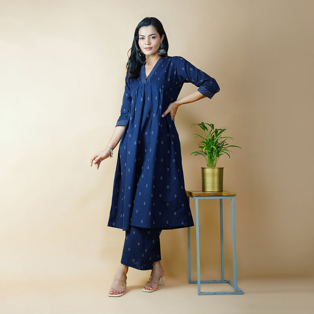 Navy Blue V neck Kurta with Flared Pants (Set of 2)