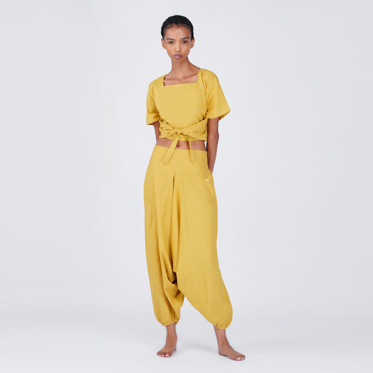 Women Zero Waste Cotton Yoga Pants and Yoga Top Set Yellow -Shwet