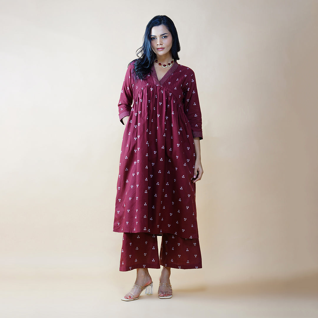 Plum V neck Kurta with Flared Pants (Set of 2)