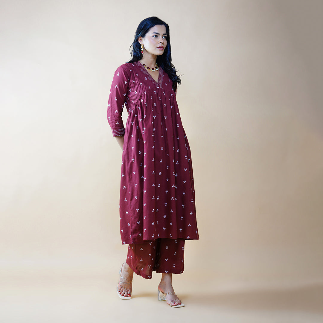 Plum V neck Kurta with Flared Pants (Set of 2)