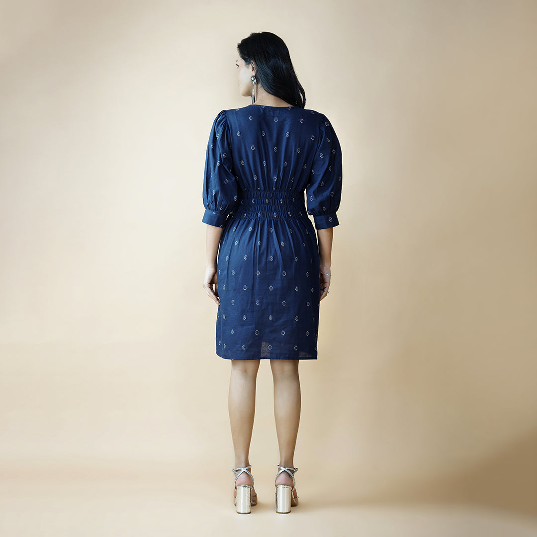 Navy Blue Box Pleat Dress With Bishop Sleeves