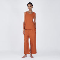 Sthira Yoga Set of 2 (Top & Pants) 100% Cotton Sleeveless Long Top with Side Ties Mid waist Straight Pants with button to cinch at ankle for Comfortable Fit in Sienna