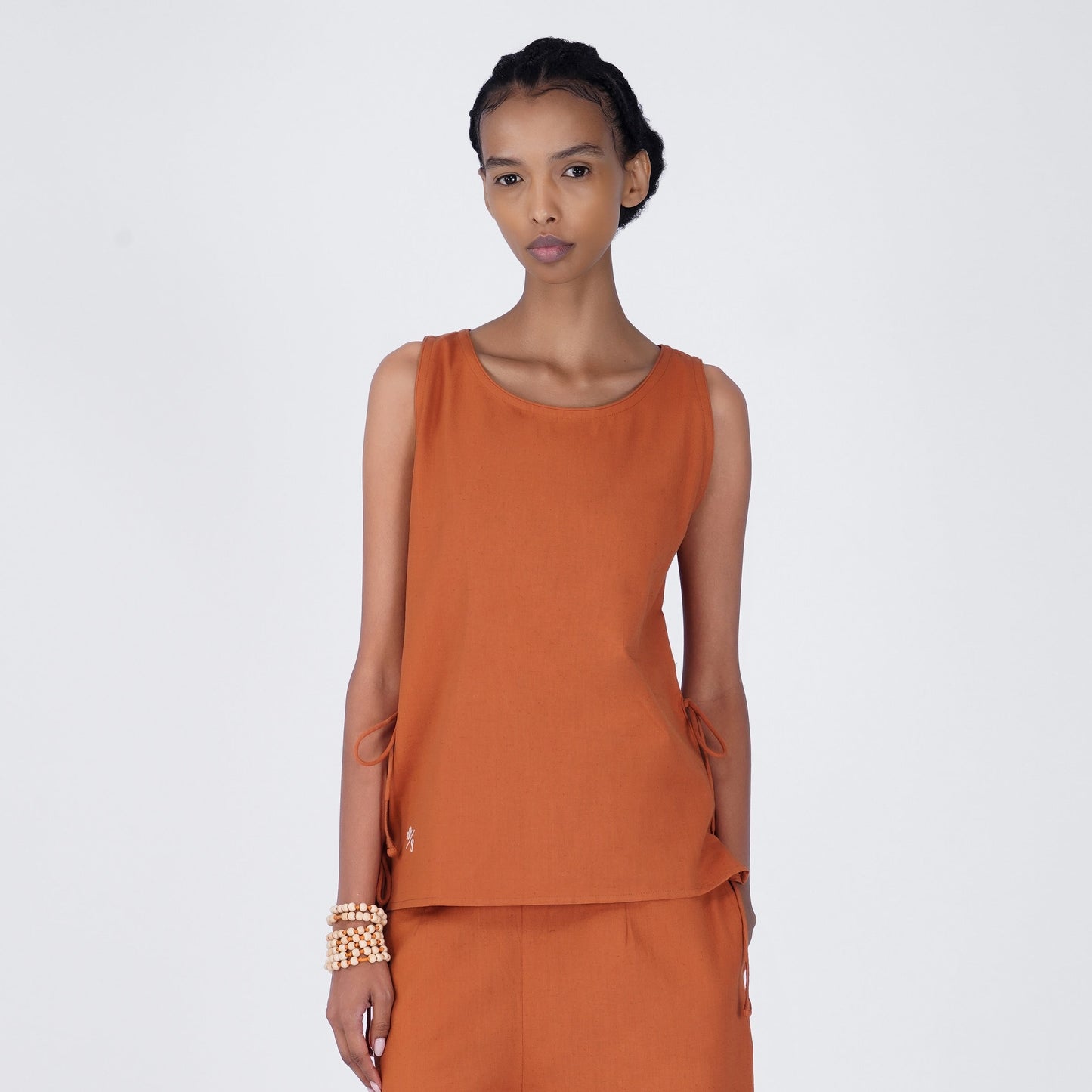 Sthira Yoga Top 100% Cotton Sleeveless Long Top with Side Ties for Comfortable Fit - Sienna