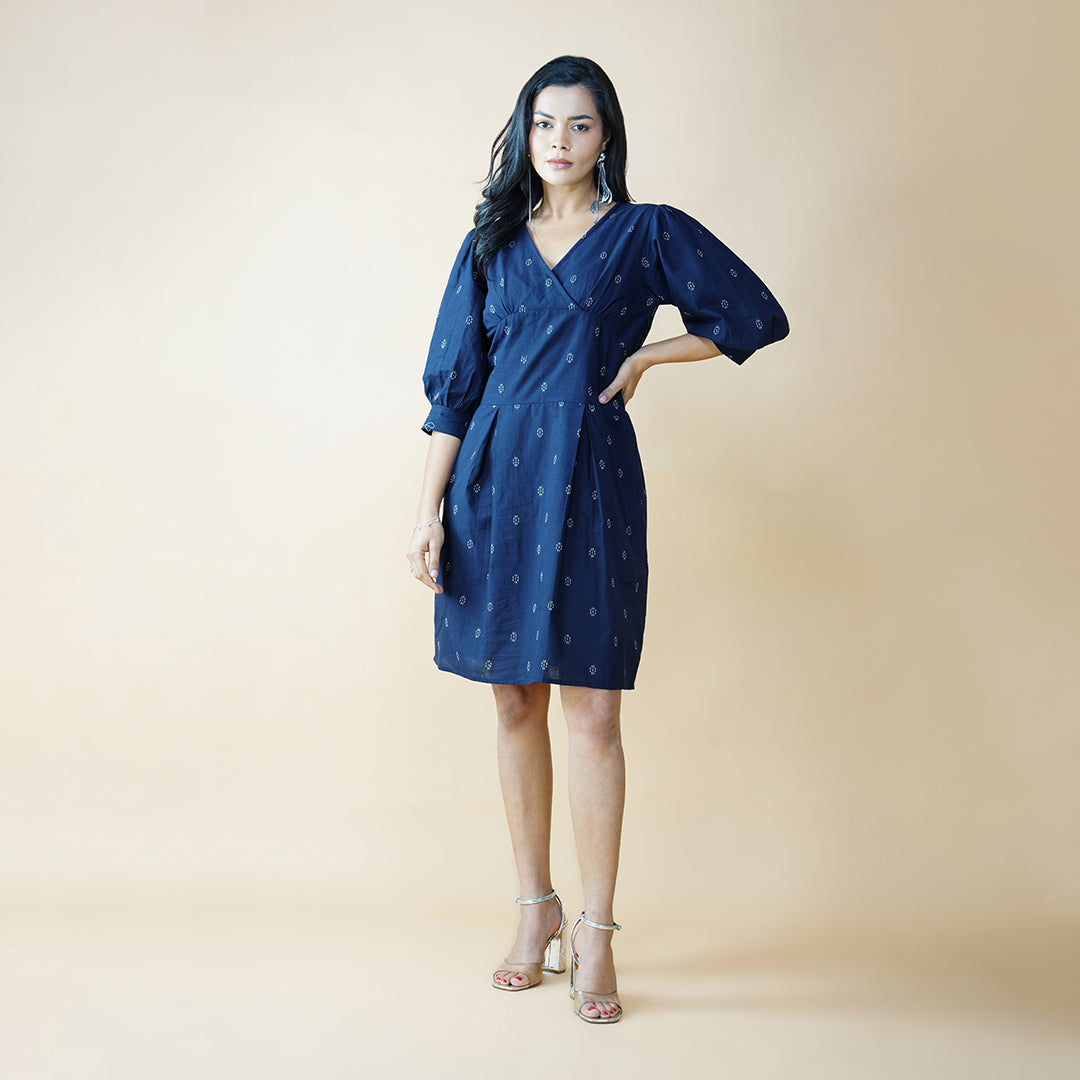 Navy Blue Box Pleat Dress With Bishop Sleeves