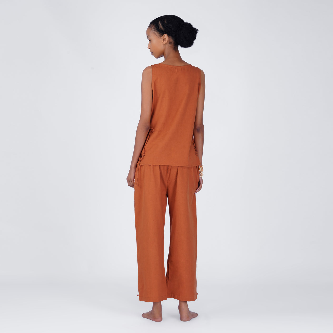 Sthira Yoga Set of 2 (Top & Pants) 100% Cotton Sleeveless Long Top with Side Ties Mid waist Straight Pants with button to cinch at ankle for Comfortable Fit in Sienna — view 2