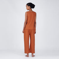 Sthira Yoga Set of 2 (Top & Pants) 100% Cotton Sleeveless Long Top with Side Ties Mid waist Straight Pants with button to cinch at ankle for Comfortable Fit in Sienna