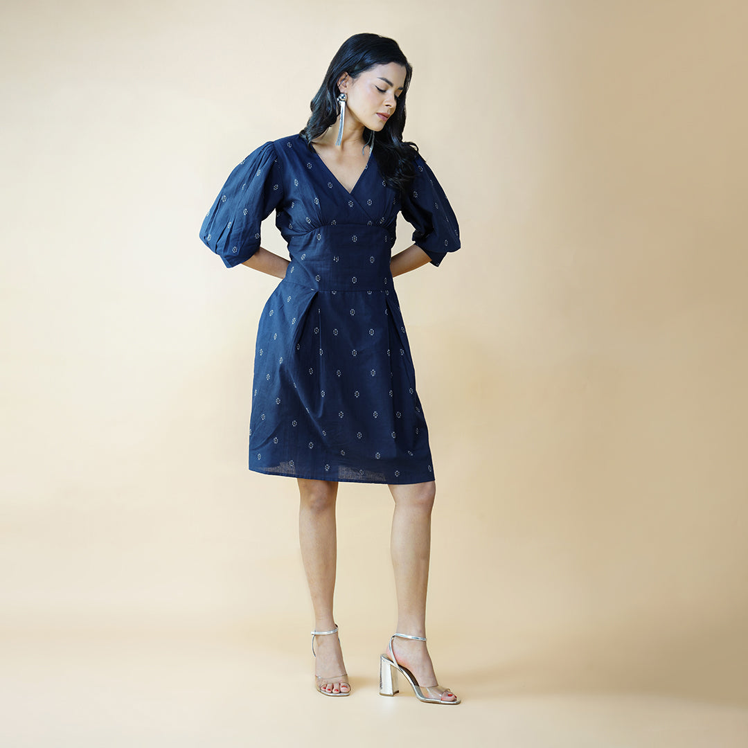 Navy Blue Box Pleat Dress With Bishop Sleeves