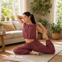 Sukha Yoga Set of 2 (Top & Pants) in 100% Cotton Sleeveless Round Neck Crop Top with Side Tie with baggy fit pants for comfort - Rose Pink