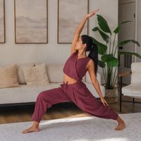 Sama Yoga Set of 2 (Top & Pants) 100% Cotton Sleeveless V Neck Short Top with Side Tie and mid waist pants Elasticised back tapered fit with box pleats- In Rose Pink