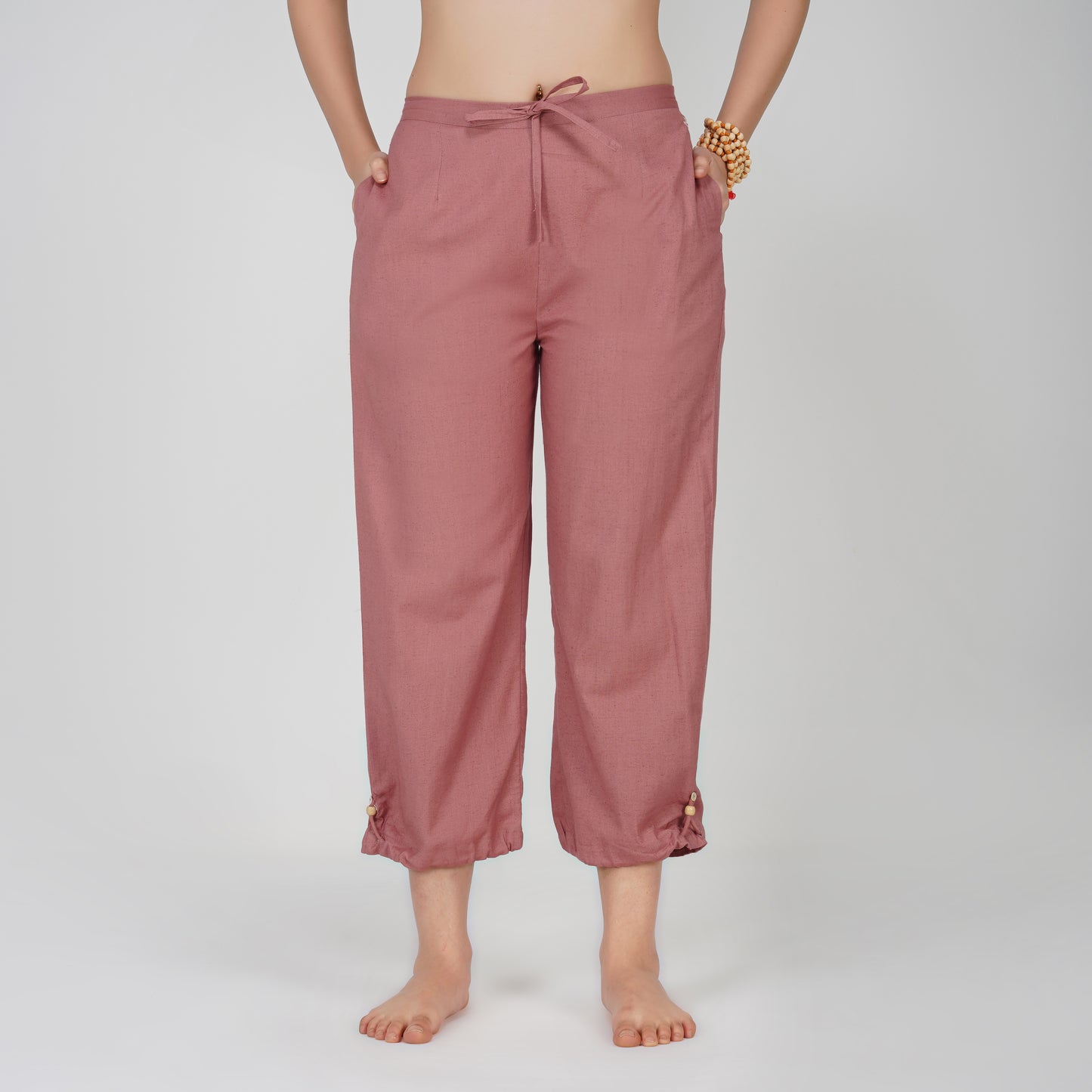 Women Cotton Yoga Pants with string pull Pink -Ananda