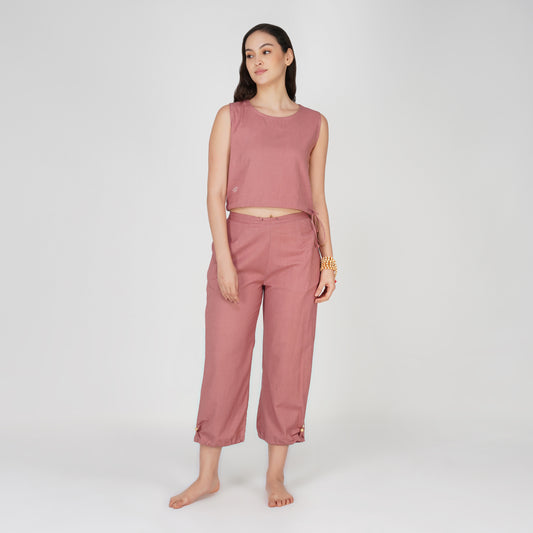 Women Cotton Yoga Pants and Cotton Top Set Pink -Ananda