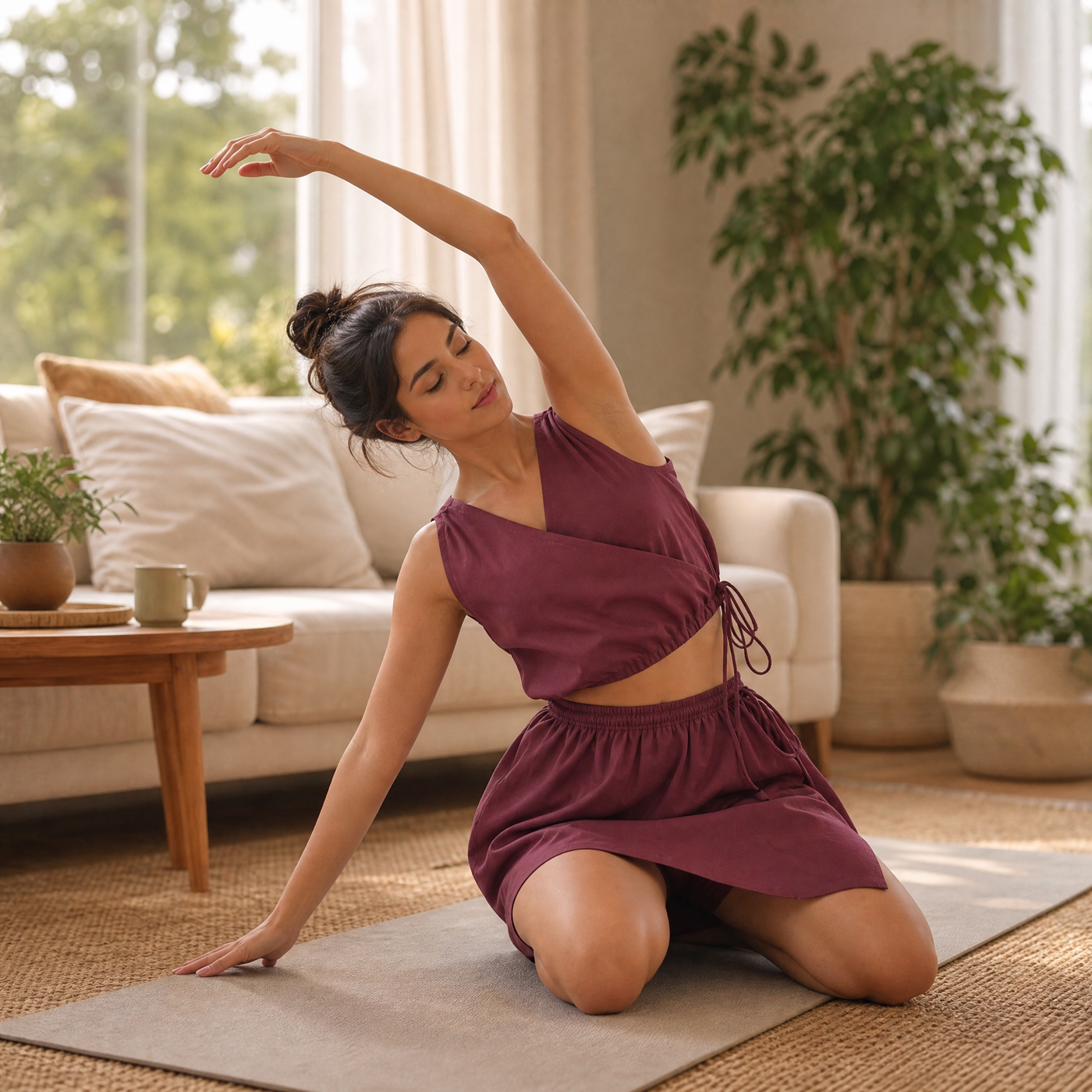 Isha Yoga Pants (Skort) and Top in Rose Pink 100% Cotton V-neck sleeveless vest and skort with half elasticed waistband — view 10