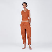 Dhara Yoga Set of 2 (Top & Pants) 100% Cotton Sleeveless V Neck Short Top with Waist Tie Straight fit Pants with tapered leg and elasticised waist band for Comfortable Fit in Sienna