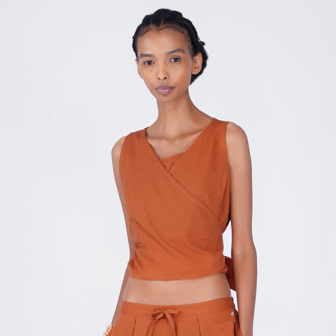 Dhara Yoga Top 100% Cotton Sleeveless V Neck Short Top with Waist Tie for Comfortable Fit - Sienna — view 1