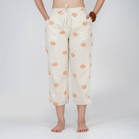 Women Cotton Hand Block Printed Yoga Pants with String pull -Ananda