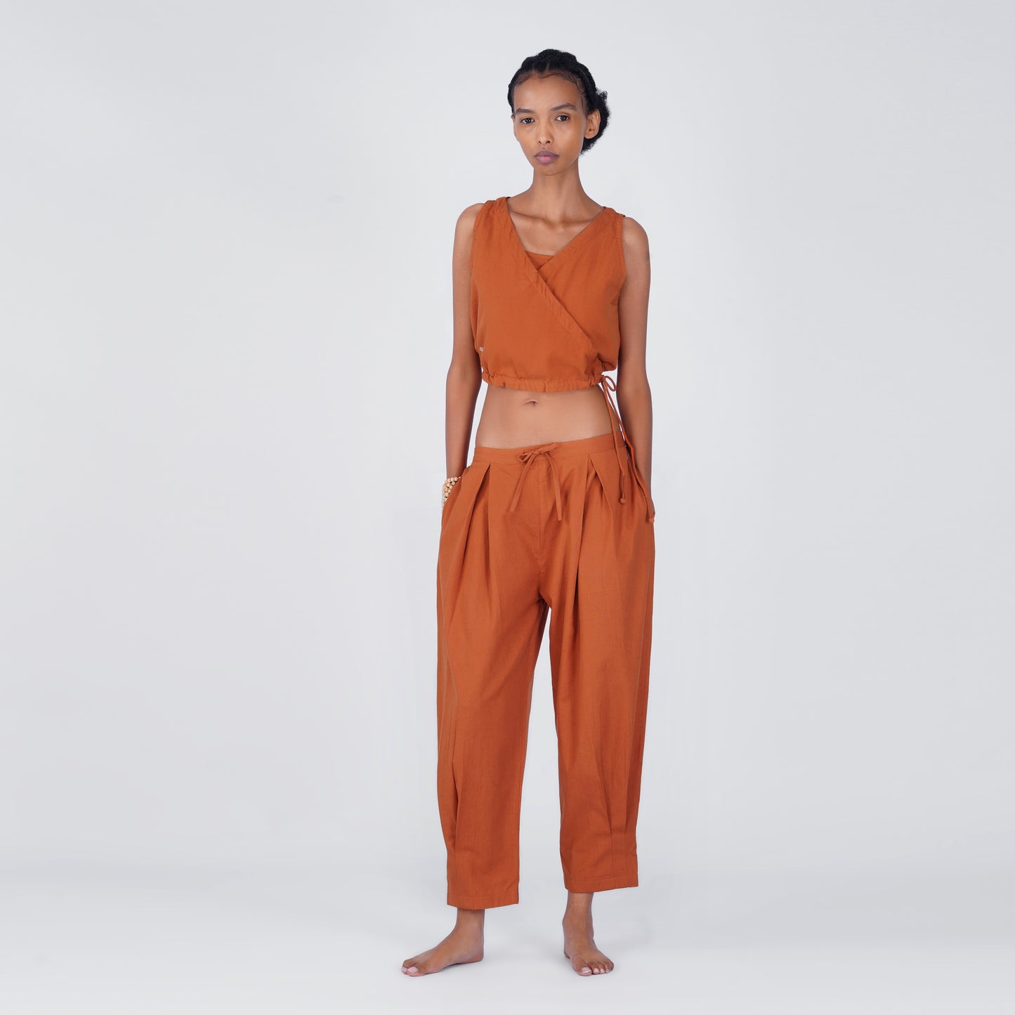 Sama Yoga Set of 2 (Top & Pants) 100% Cotton Sleeveless V Neck Short Top with Side Tie and mid waist pants Elasticised back tapered fit with box pleats- In Sienna
