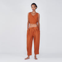 Sama Yoga Set of 2 (Top & Pants) 100% Cotton Sleeveless V Neck Short Top with Side Tie and mid waist pants Elasticised back tapered fit with box pleats- In Sienna