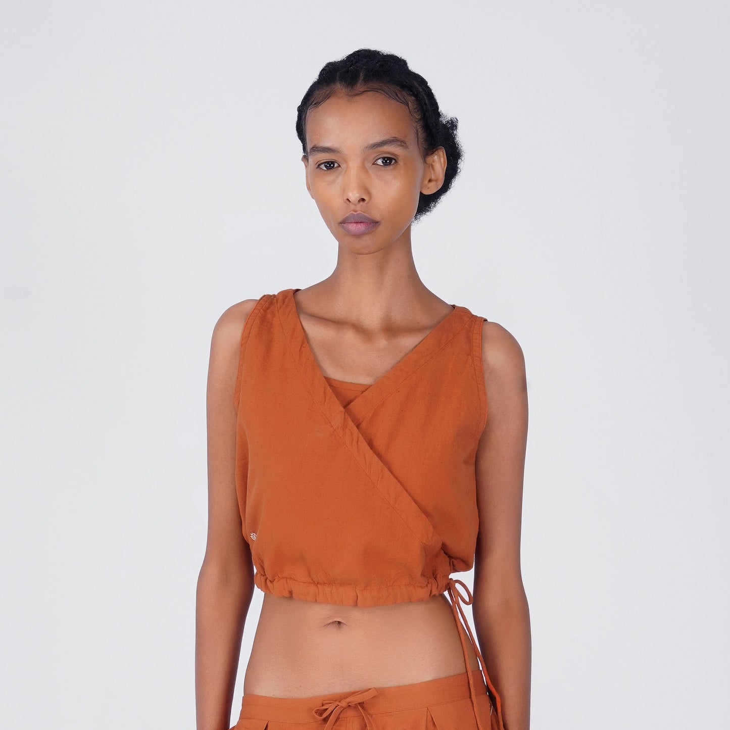Sama Yoga Top 100% Cotton Sleeveless V Neck Short Top with Side Tie for Comfortable Fit in Sienna