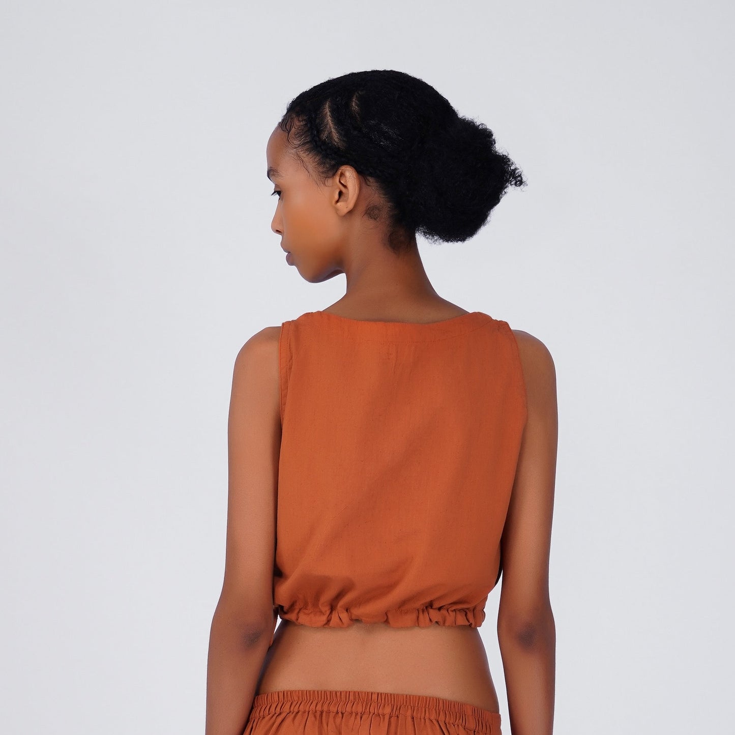 Sama Yoga Top 100% Cotton Sleeveless V Neck Short Top with Side Tie for Comfortable Fit in Sienna
