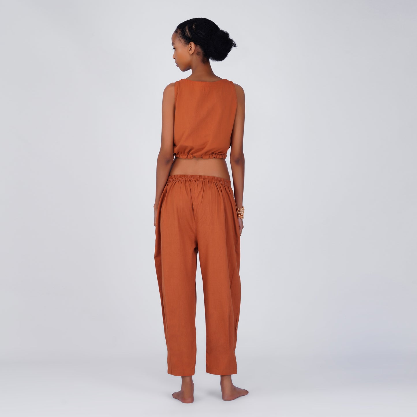 Sama Yoga Set of 2 (Top & Pants) 100% Cotton Sleeveless V Neck Short Top with Side Tie and mid waist pants Elasticised back tapered fit with box pleats- In Sienna