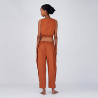 Sama Yoga Set of 2 (Top & Pants) 100% Cotton Sleeveless V Neck Short Top with Side Tie and mid waist pants Elasticised back tapered fit with box pleats- In Sienna