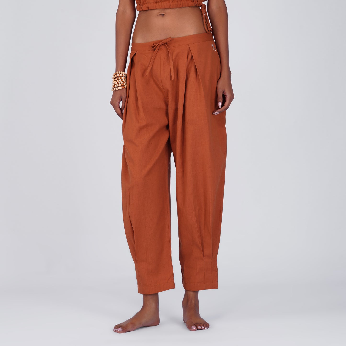 Sama Yoga Set of 2 (Top & Pants) 100% Cotton Sleeveless V Neck Short Top with Side Tie and mid waist pants Elasticised back tapered fit with box pleats- In Sienna