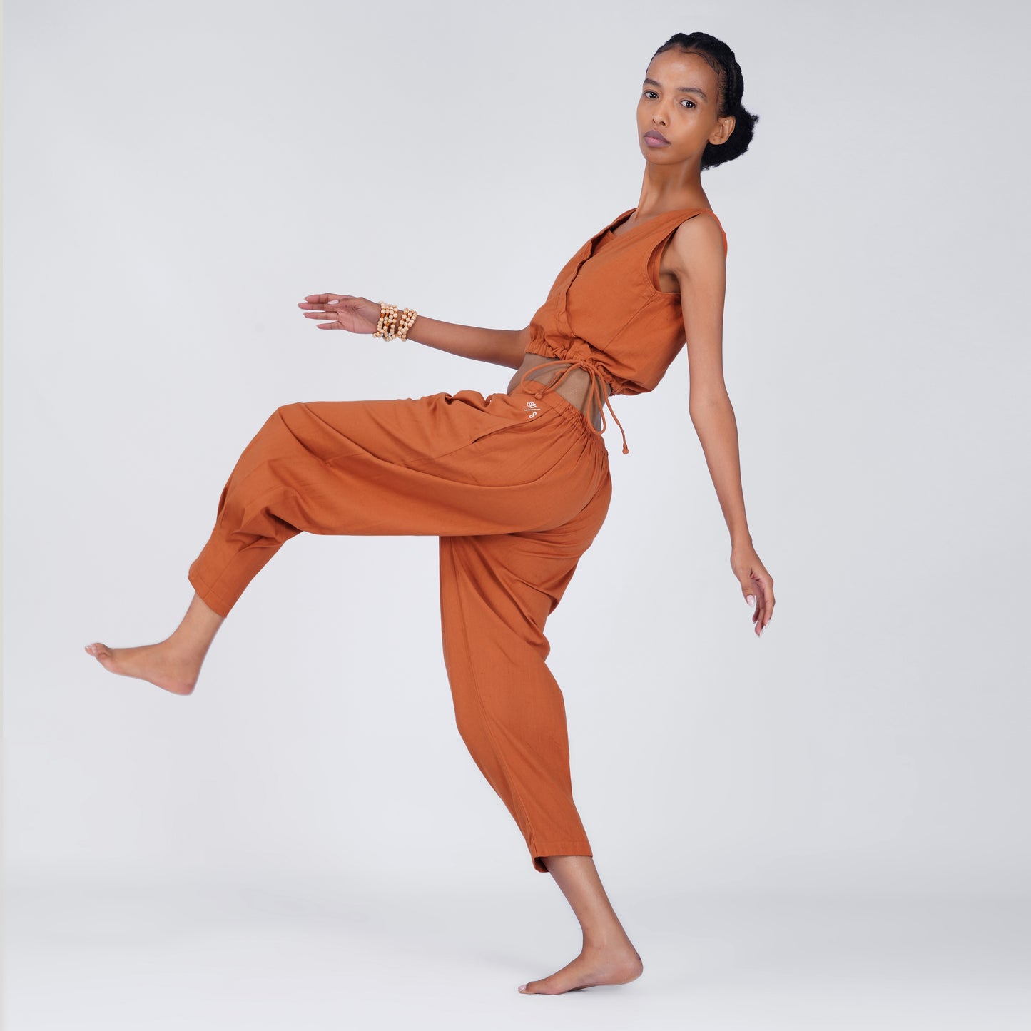 Sama Yoga Set of 2 (Top & Pants) 100% Cotton Sleeveless V Neck Short Top with Side Tie and mid waist pants Elasticised back tapered fit with box pleats- In Sienna