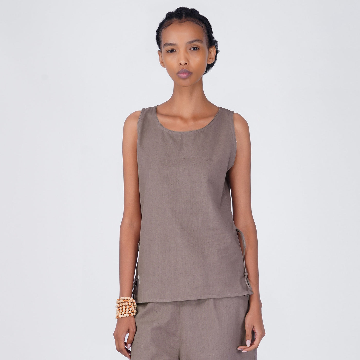 Sthira Yoga Top 100% Cotton Sleeveless Long Top with Side Ties for Comfortable Fit - Muted Plum — view 1