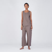 Sthira Yoga Set of 2 (Top & Pants) 100% Cotton Sleeveless Long Top with Side Ties Mid waist Straight Pants with button to cinch at ankle for Comfortable Fit in Muted Plum
