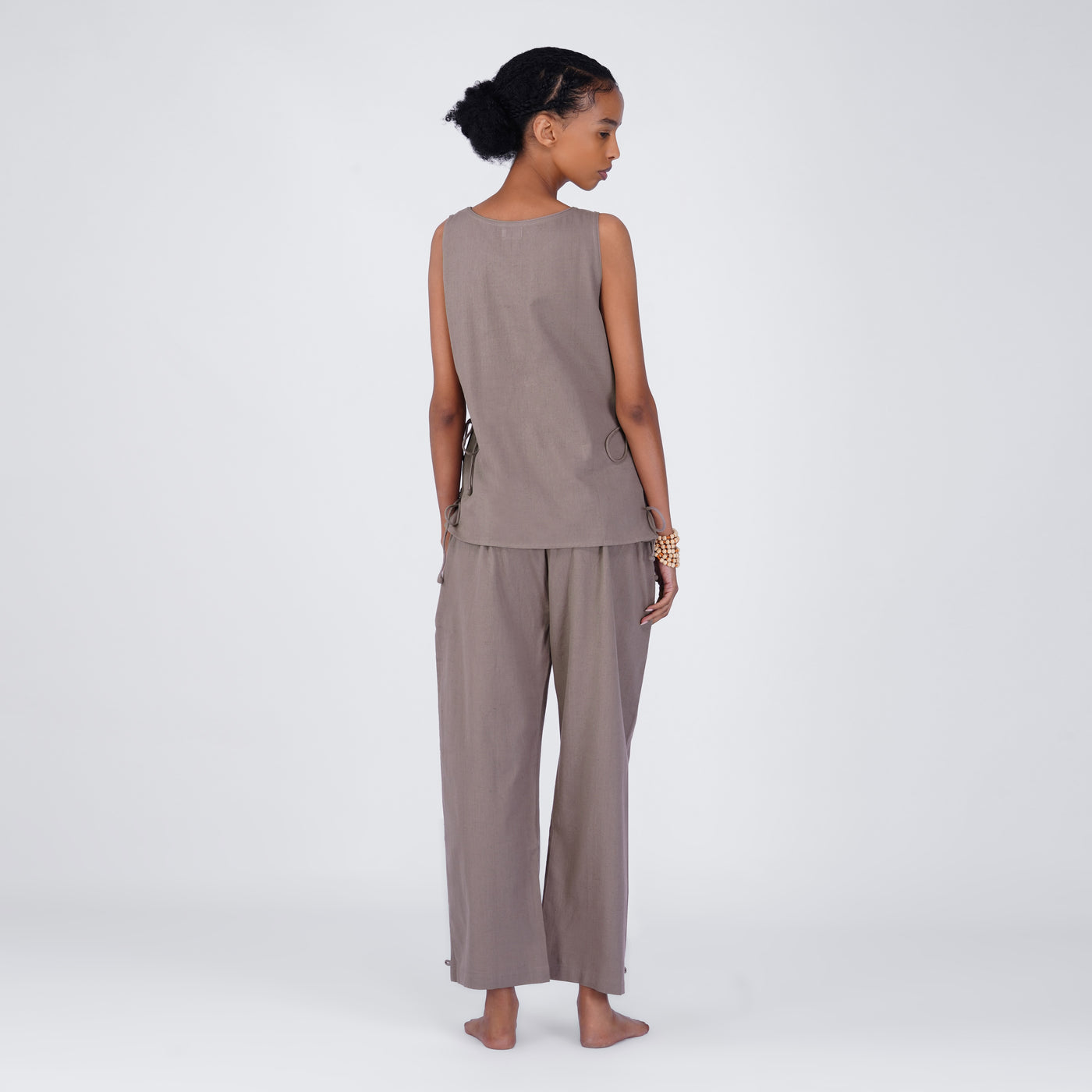 Sthira Yoga Set of 2 (Top & Pants) 100% Cotton Sleeveless Long Top with Side Ties Mid waist Straight Pants with button to cinch at ankle for Comfortable Fit in Muted Plum — view 2