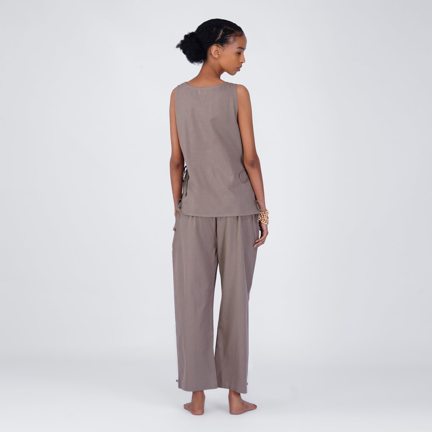 Sthira Yoga Set of 2 (Top & Pants) 100% Cotton Sleeveless Long Top with Side Ties Mid waist Straight Pants with button to cinch at ankle for Comfortable Fit in Muted Plum