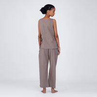 Sthira Yoga Set of 2 (Top & Pants) 100% Cotton Sleeveless Long Top with Side Ties Mid waist Straight Pants with button to cinch at ankle for Comfortable Fit in Muted Plum