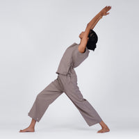 Sthira Yoga Set of 2 (Top & Pants) 100% Cotton Sleeveless Long Top with Side Ties Mid waist Straight Pants with button to cinch at ankle for Comfortable Fit in Muted Plum