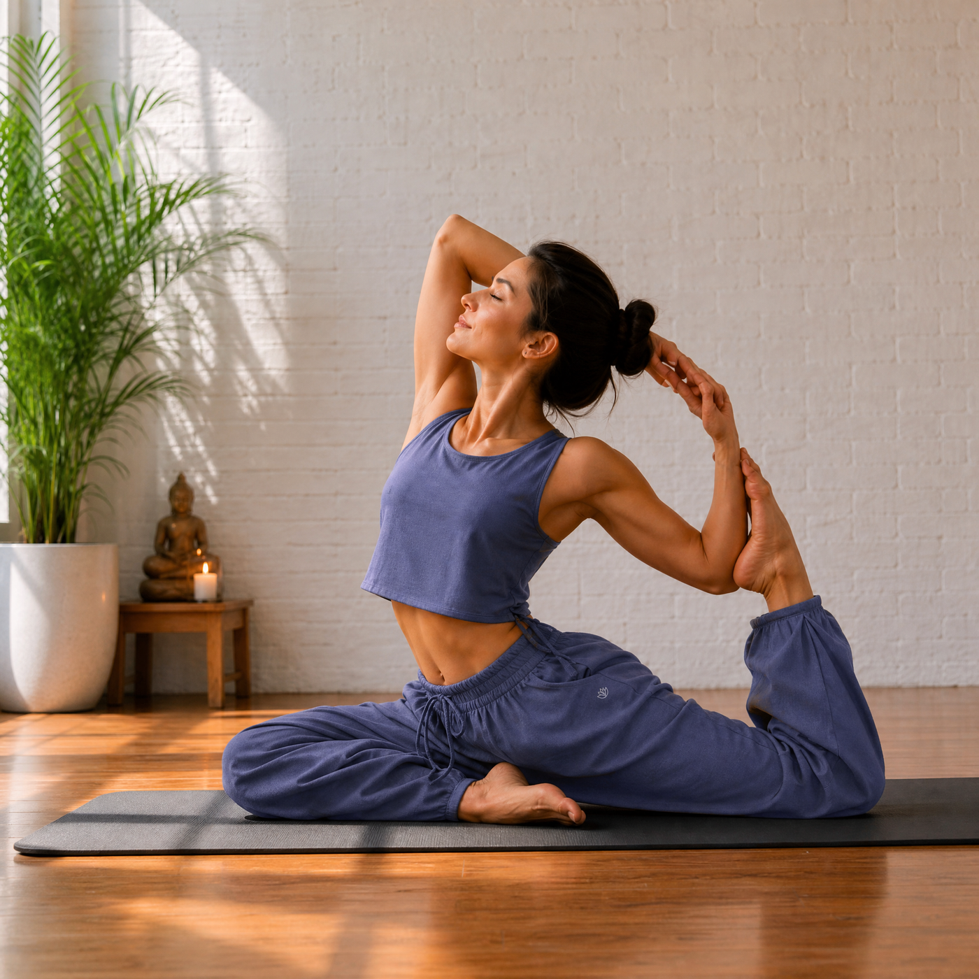 Sukha Yoga Set of 2 (Top & Pants) in 100% Cotton Sleeveless Round Neck Crop Top with Side Tie with baggy fit pants for comfort - Celtic Blue — view 8