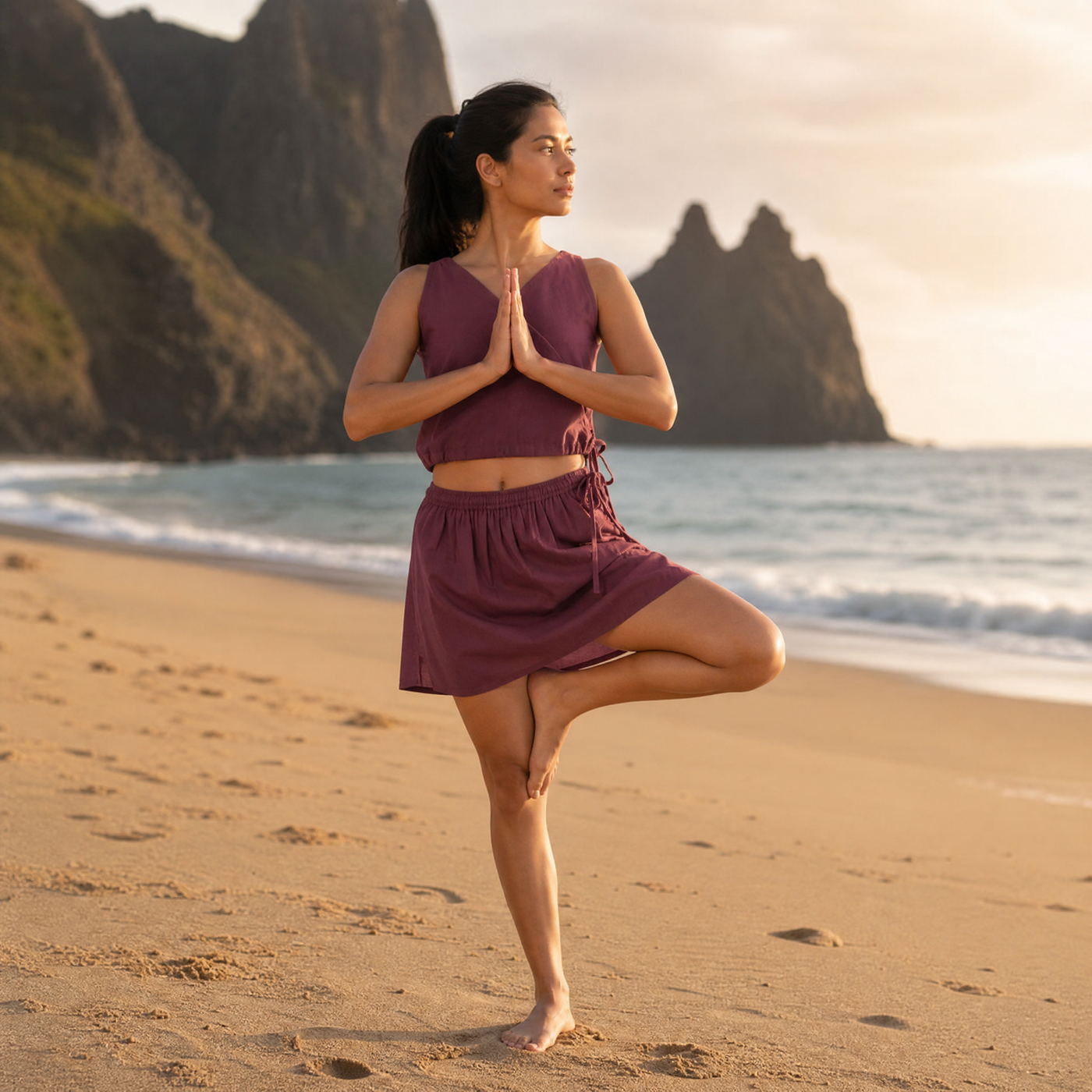 Isha Yoga Pants (Skort) and Top in Rose Pink 100% Cotton V-neck sleeveless vest and skort with half elasticed waistband — view 11